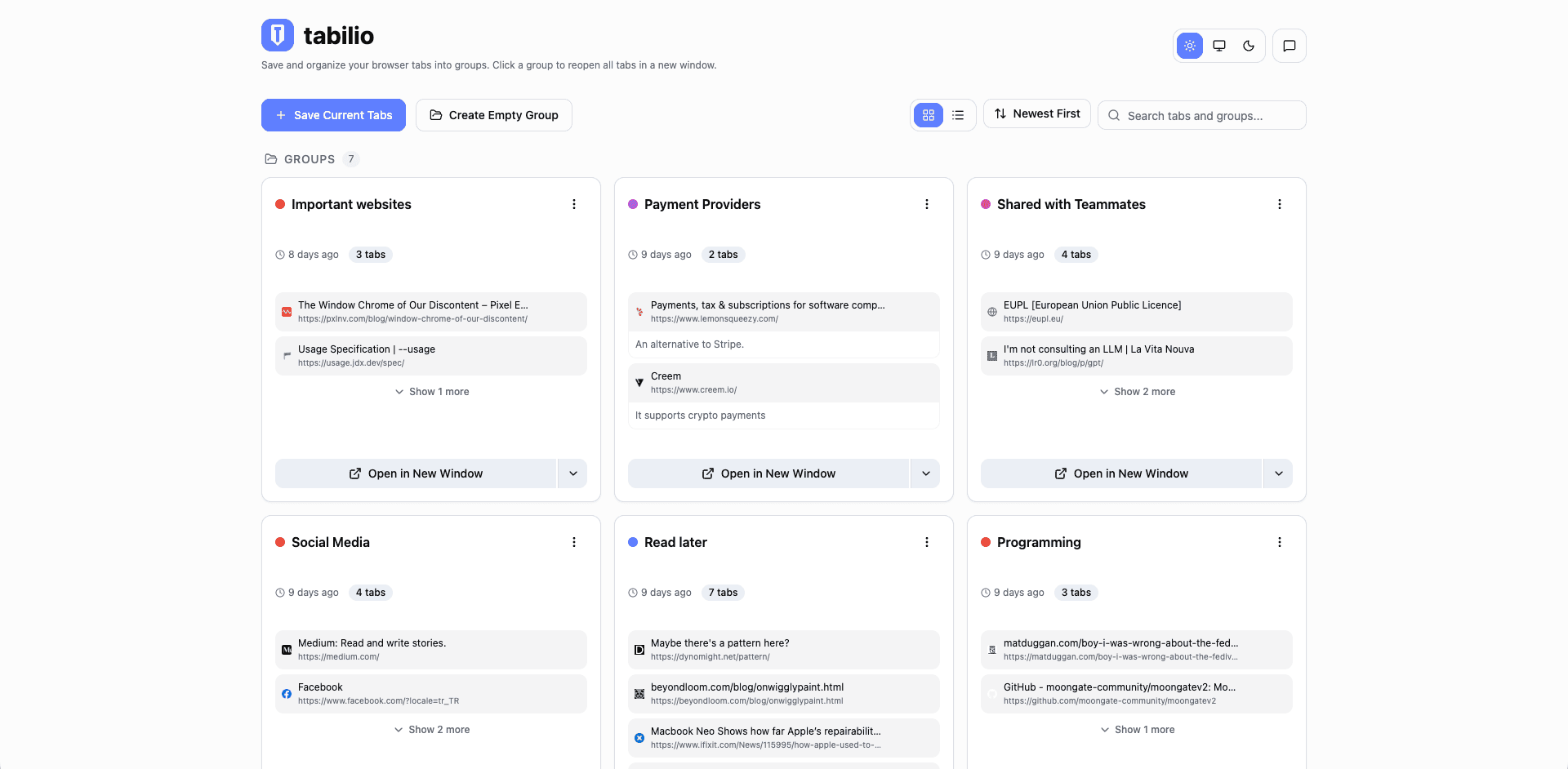 Tabilio Chrome Extension dashboard showing saved tab groups organized by color and project